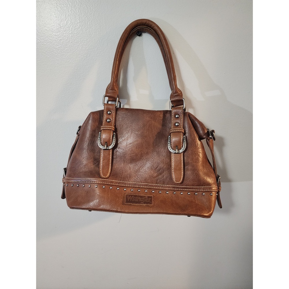 Wrangler Brown Faux Leather Western Satchel Handbag Horseshoe Buckle Studded